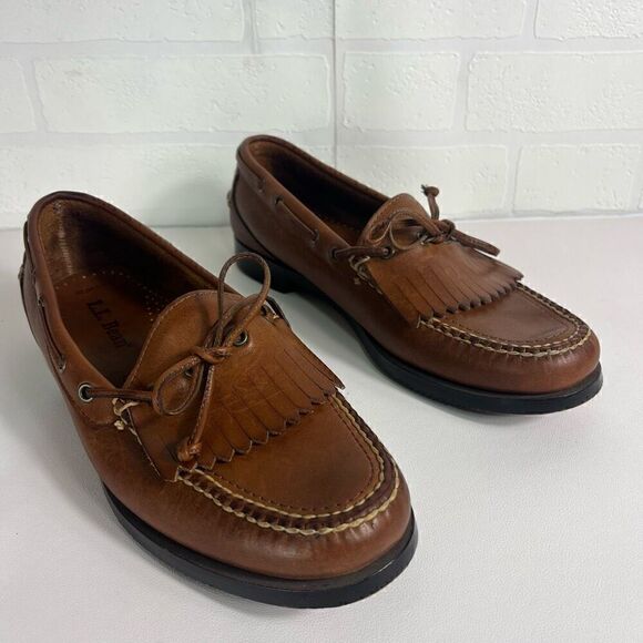 LL Bean Mens Kiltie Loafers Size 9 D Brown Tan Tassle Leather - Picture 2 of 16